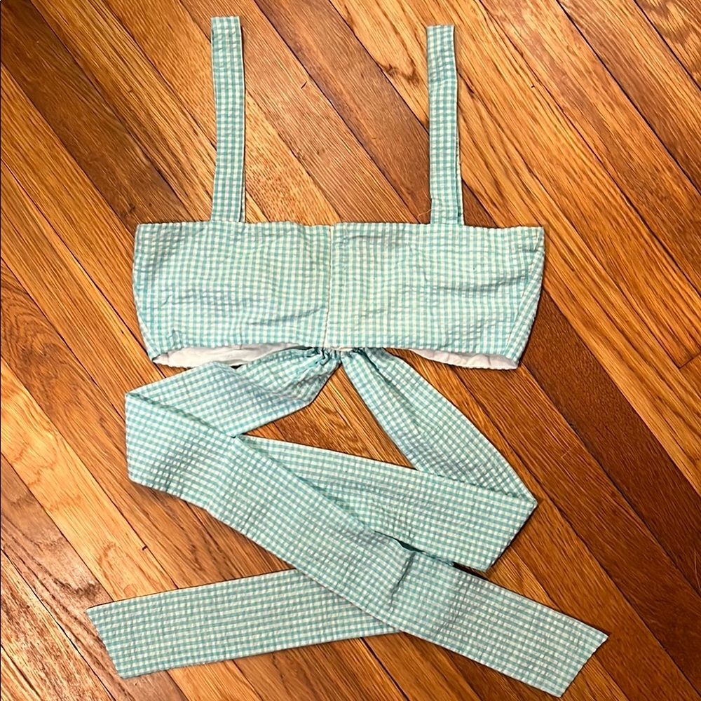 Lovers + Friends Jordan Cotton Crop Top Teal Gingham Tie-Back, Size S — image 4 of 8